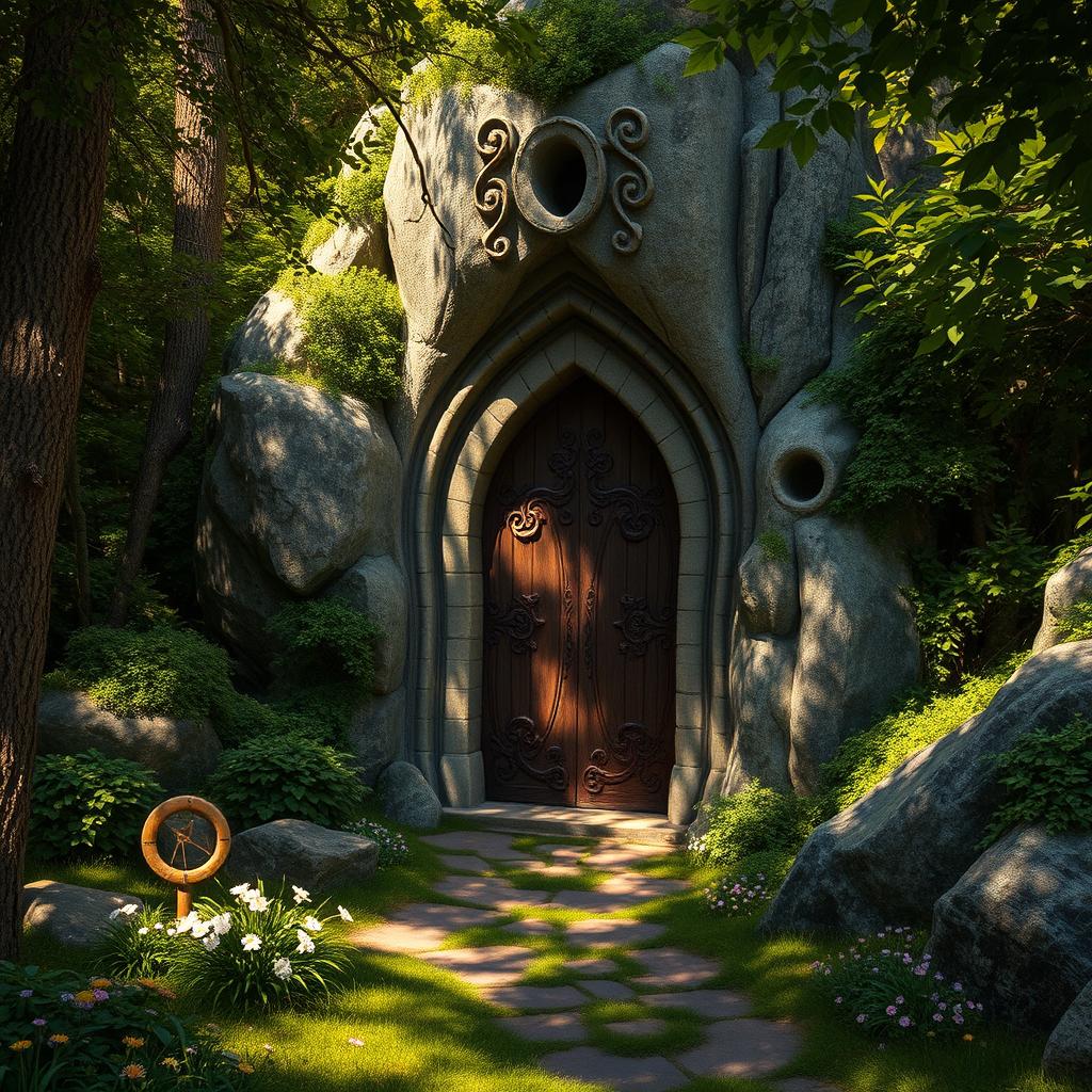 A mystical, intricately carved door embedded in a rocky mountainside, surrounded by lush, dense foliage of a vibrant forest biome