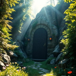 A mystical, intricately carved door embedded in a rocky mountainside, surrounded by lush, dense foliage of a vibrant forest biome