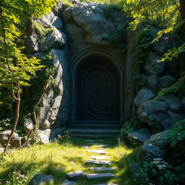 A mystical, intricately carved door embedded in a rocky mountainside, surrounded by lush, dense foliage of a vibrant forest biome