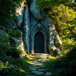 A mystical, intricately carved door embedded in a rocky mountainside, surrounded by lush, dense foliage of a vibrant forest biome