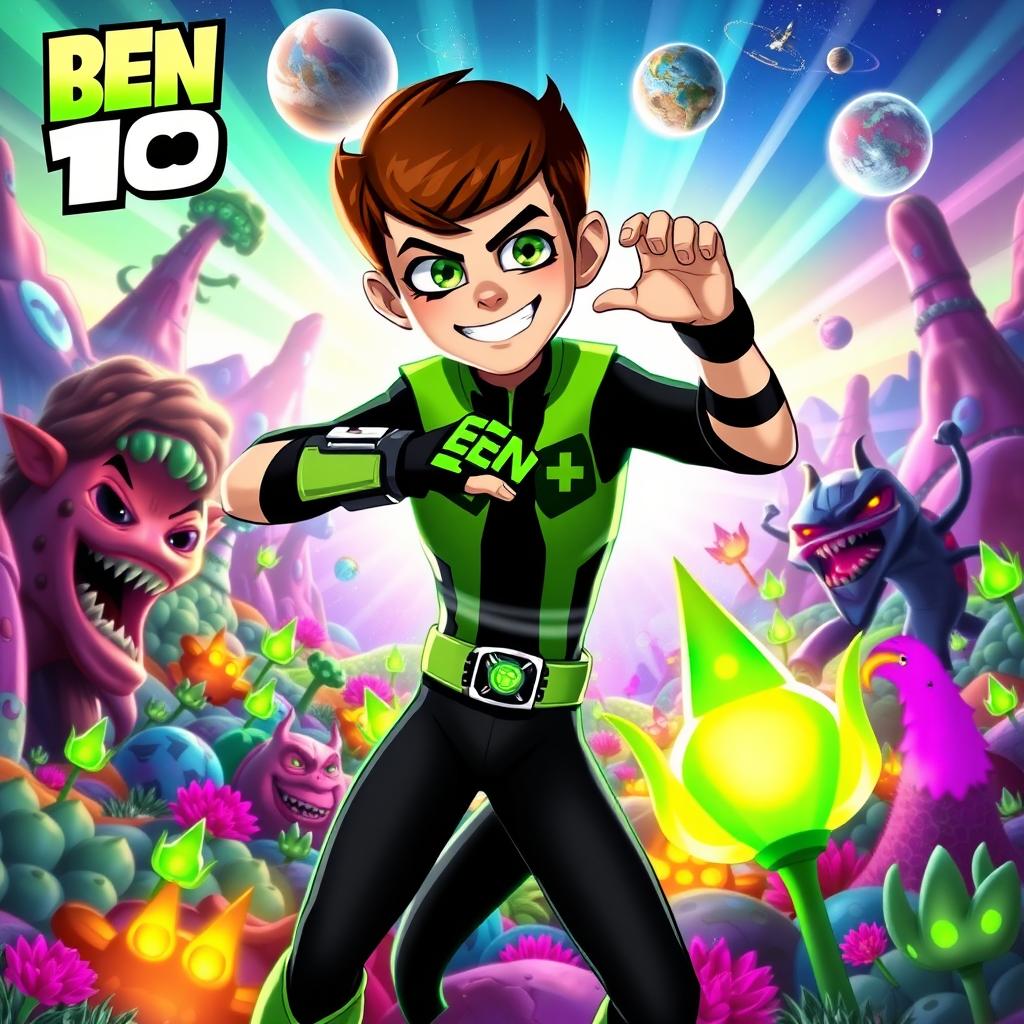 A vibrant and dynamic image inspired by the Ben 10 cartoon series, featuring a young hero with green and black apparel, showcasing the Omnitrix device on their wrist
