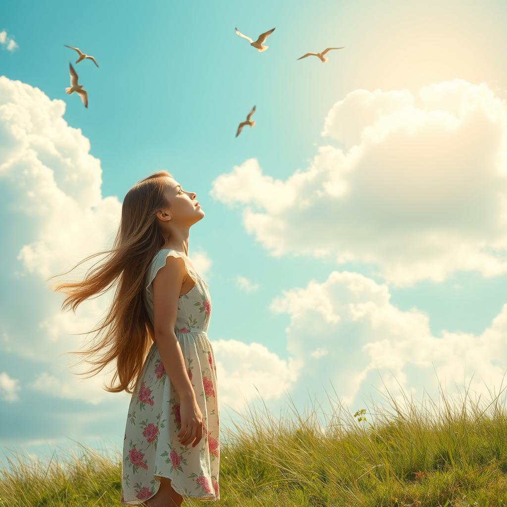 A young woman standing on a grassy hill, gazing up at a bright blue sky filled with fluffy white clouds