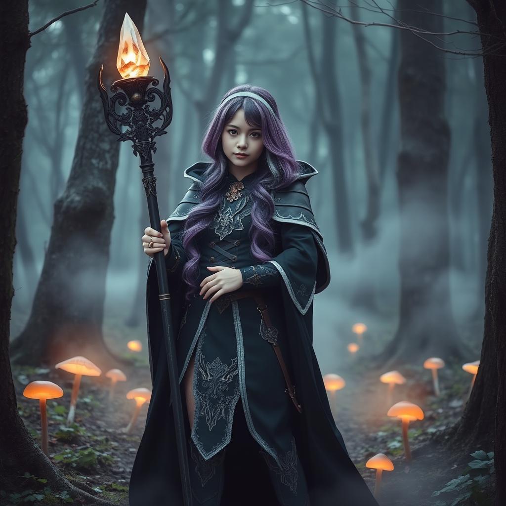 A 17-year-old girl cosplaying in a dark fantasy theme, set in an eerie, enchanted forest