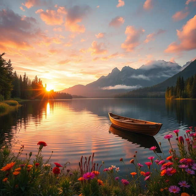A picturesque landscape of a tranquil lake surrounded by lush green trees and vibrant wildflowers