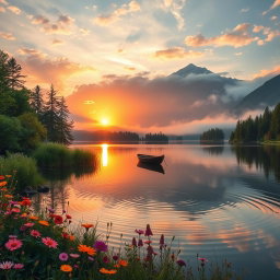A picturesque landscape of a tranquil lake surrounded by lush green trees and vibrant wildflowers