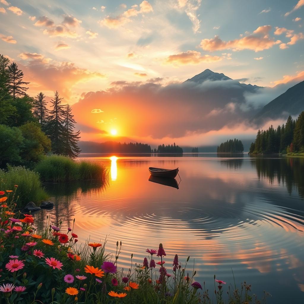A picturesque landscape of a tranquil lake surrounded by lush green trees and vibrant wildflowers
