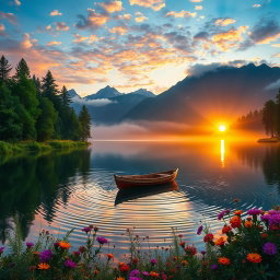 A picturesque landscape of a tranquil lake surrounded by lush green trees and vibrant wildflowers