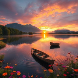 A picturesque landscape of a tranquil lake surrounded by lush green trees and vibrant wildflowers