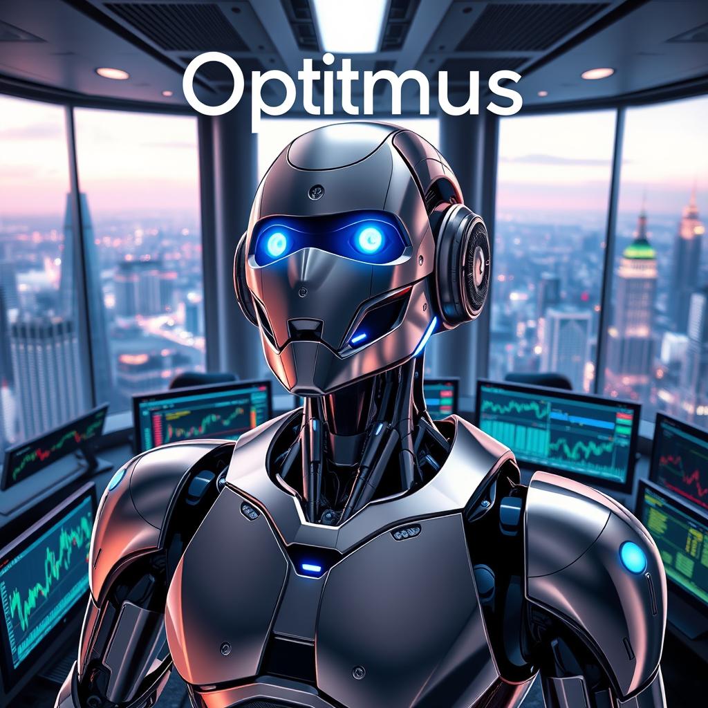 A dynamic promotional image featuring a sophisticated robot trader named 'Optimus', prominently showcasing the name 'Optimus' in sleek, futuristic lettering at the top