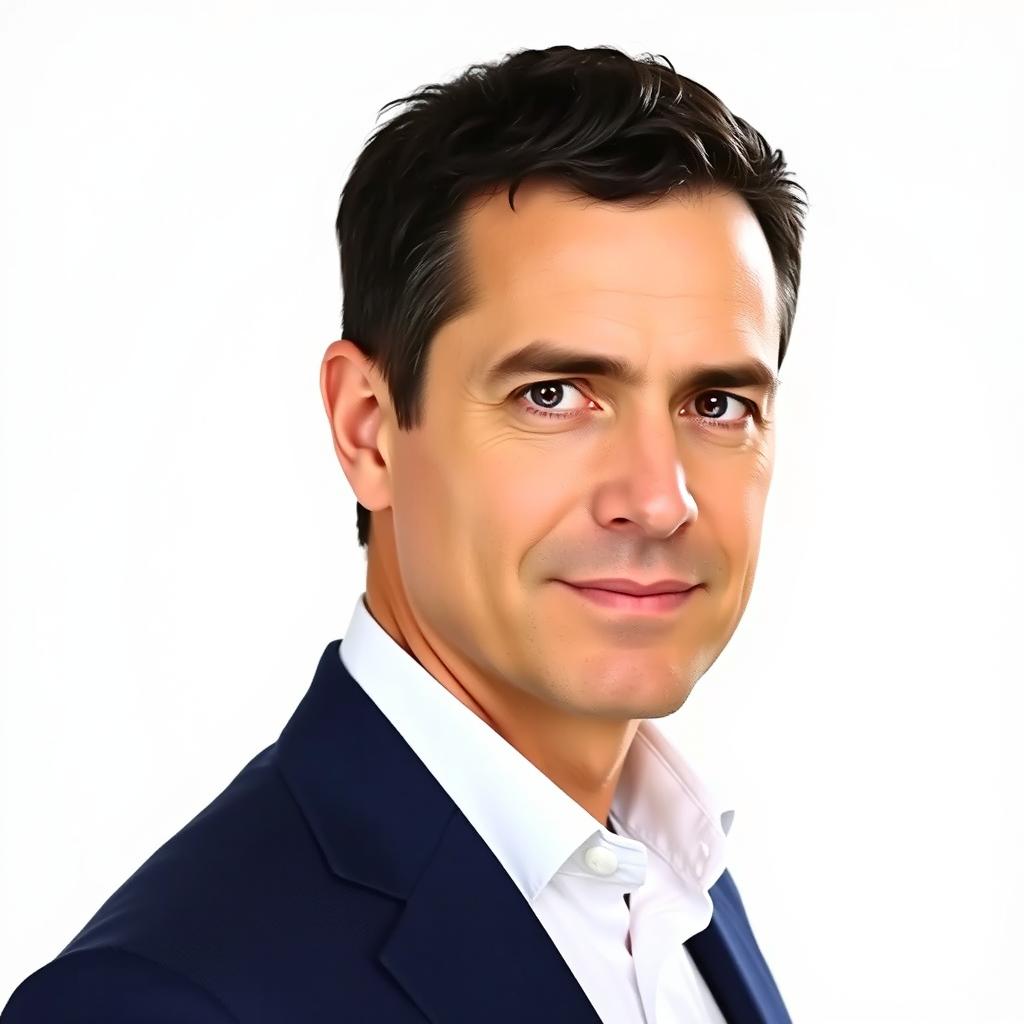 A realistic portrait of an adult male with short dark hair, wearing a formal white shirt and a navy blue blazer