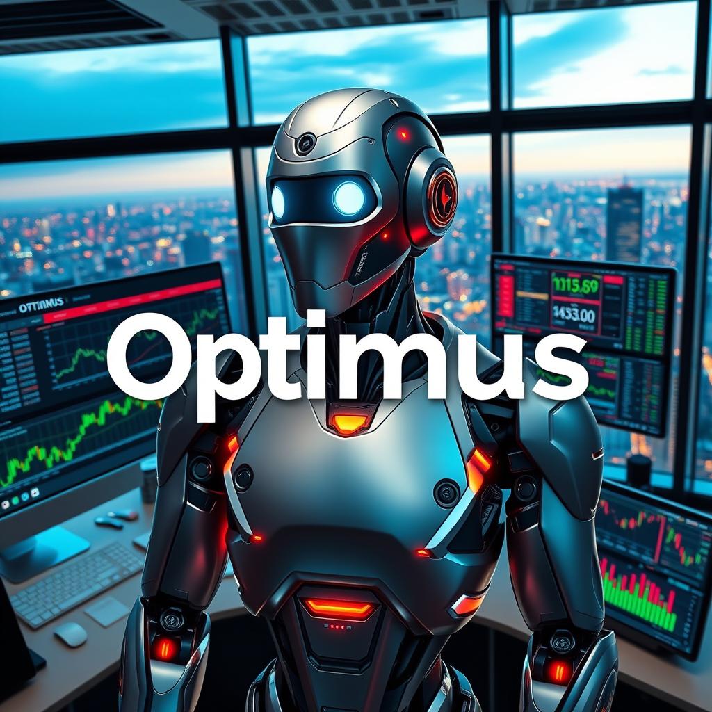 A captivating promotional image for an Instagram profile featuring a trading robot named 'Optimus', with the name 'Optimus' prominently displayed in bold, futuristic lettering