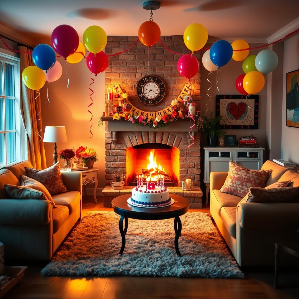 A beautiful, cozy living room setting featuring a warm, crackling fireplace