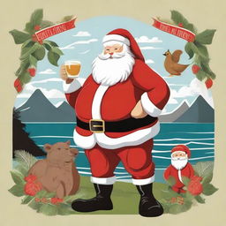 Santa Claus depicted in traditional Kiwiana style, showcasing classic New Zealand iconic elements and imagery.