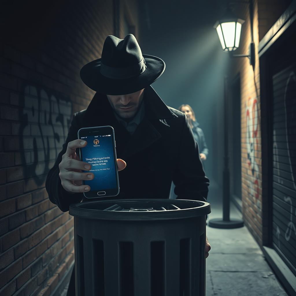 A suspenseful and dramatic scene depicting a mysterious figure in a dark alley, holding a smartphone with a threatening message displayed on the screen