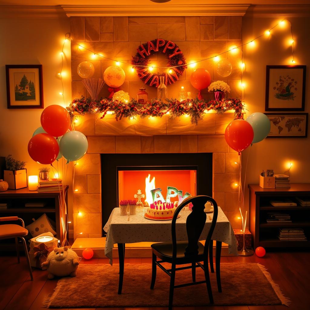 A cozy and beautiful background near a fireplace, adorned with festive decorations for a birthday celebration