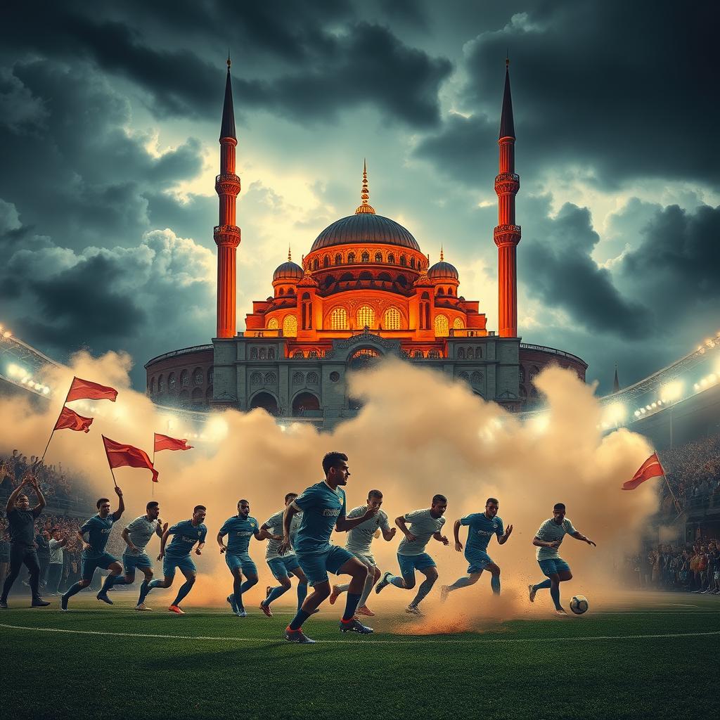 A dramatic and dynamic football team poster set in a stadium filled with swirling dust and stormy weather