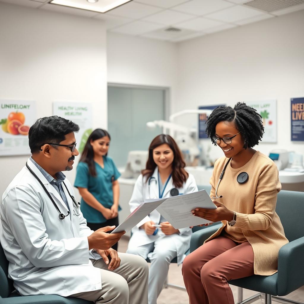 A modern, well-lit internal medicine clinic featuring a diverse team of healthcare professionals including a middle-aged South Asian male physician and a young Black female healthcare worker discussing patient charts