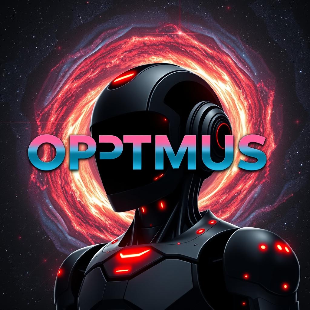A stunning promotional image for an Instagram profile featuring an expert robot trader named 'Optimus', with the name 'Optimus' clearly visible in bold, futuristic typography