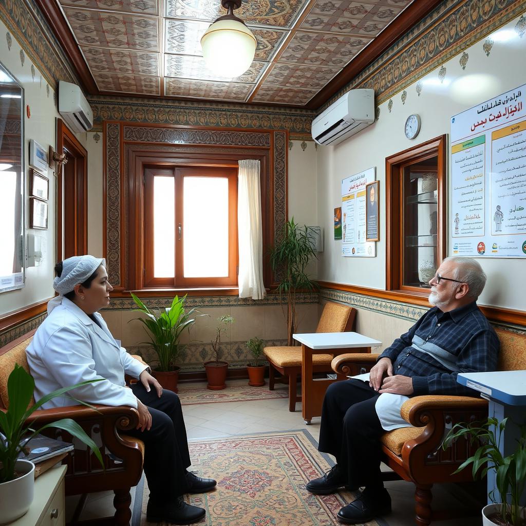 An interior view of an internal medicine clinic located in Gilan, Iran, showcasing traditional Iranian architectural elements such as intricate tile work and wooden accents