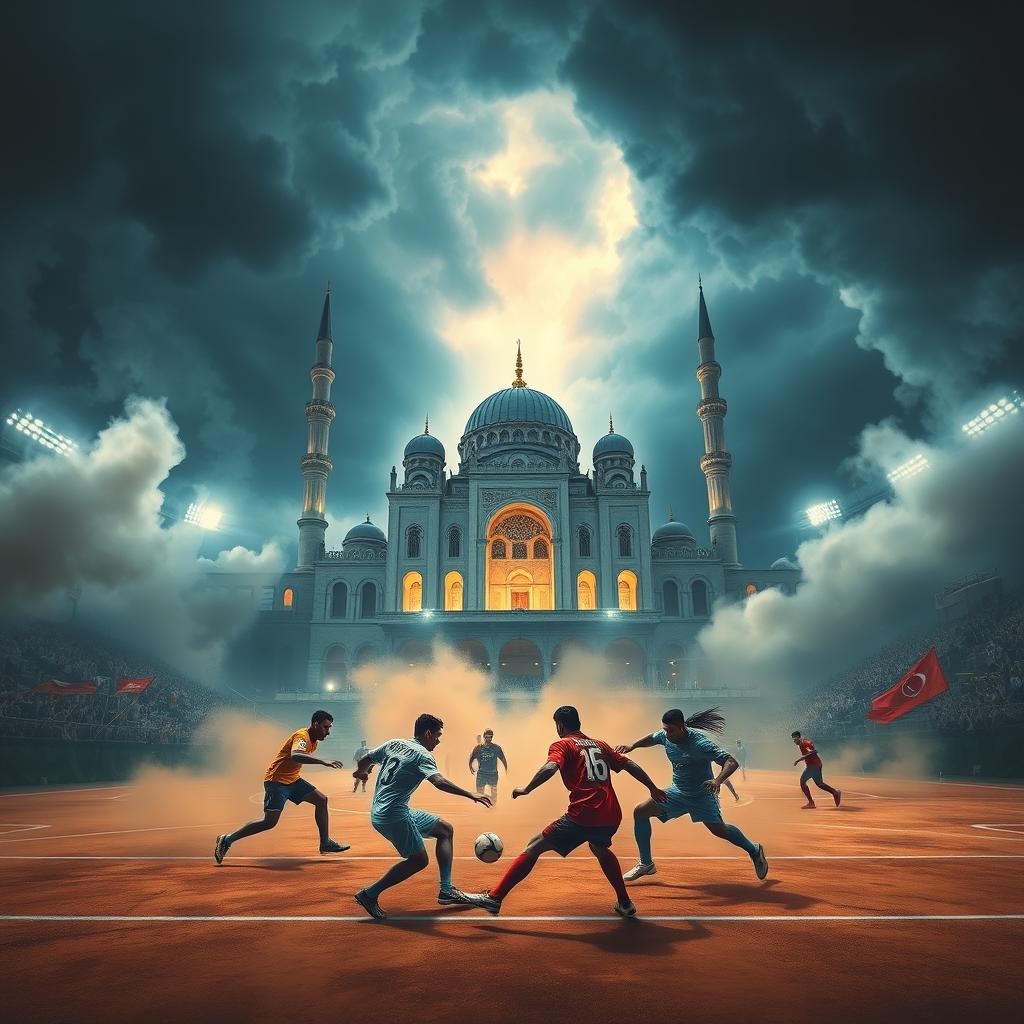A vibrant and powerful futsal team poster, set in a stadium engulfed in swirling dust and vast storms