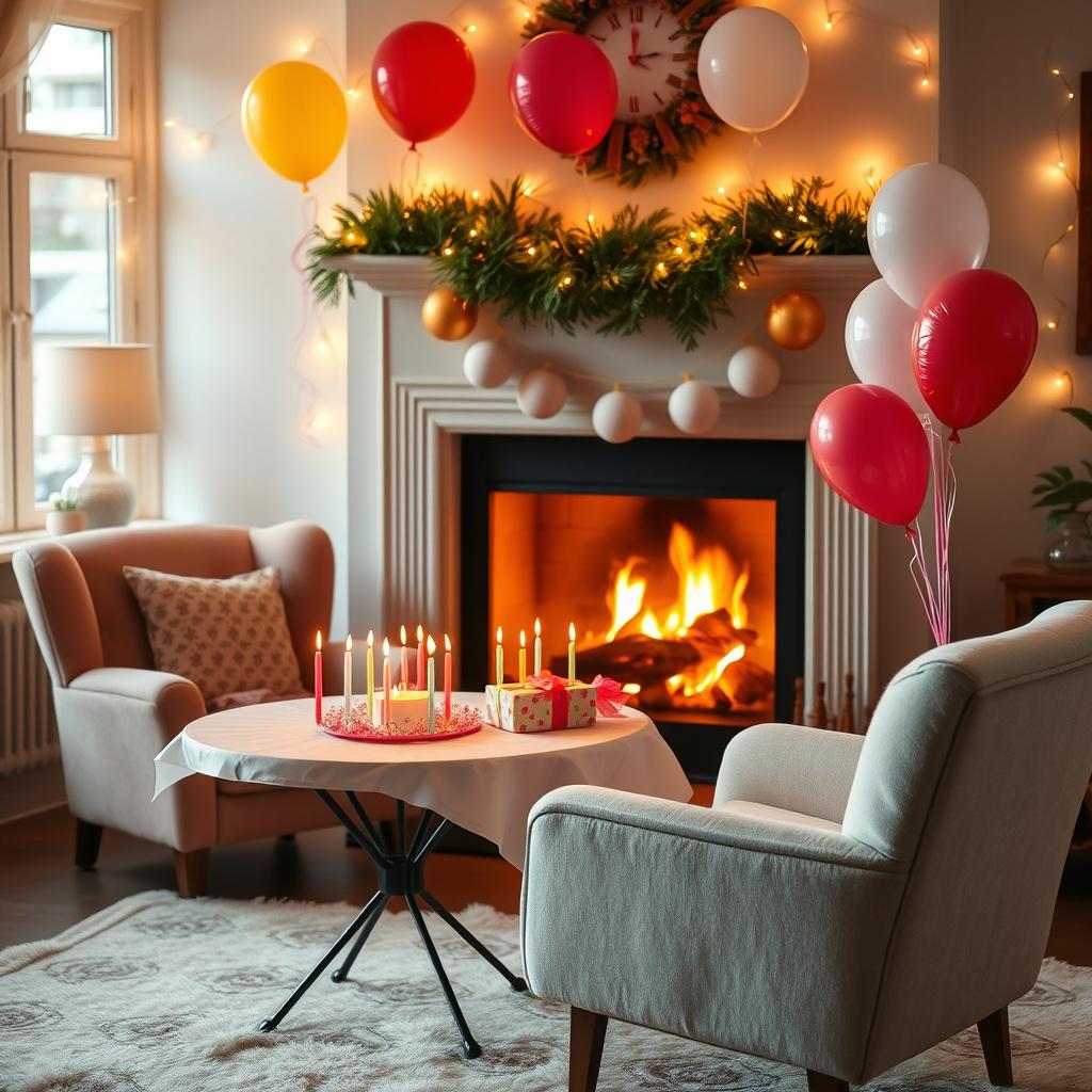 A beautiful, cozy background near a glowing fireplace adorned with festive decorations for a birthday celebration