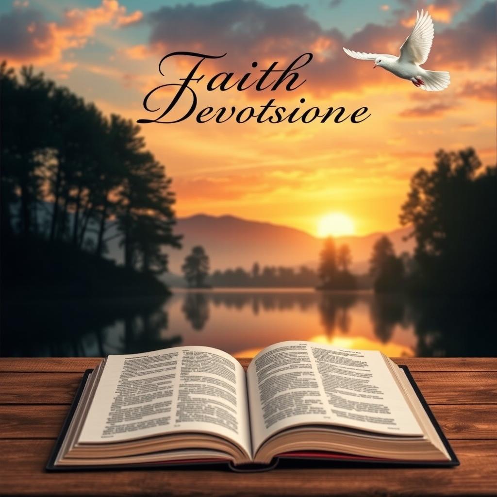 A serene and inspiring book cover for a faith devotional, featuring a tranquil landscape with a soft sunrise illuminating a calm lake