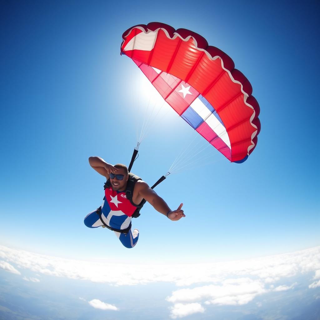 A skydiver wearing a vibrant parachute suit decorated with the Cuban flag's colors and symbols, gracefully descending through a clear blue sky