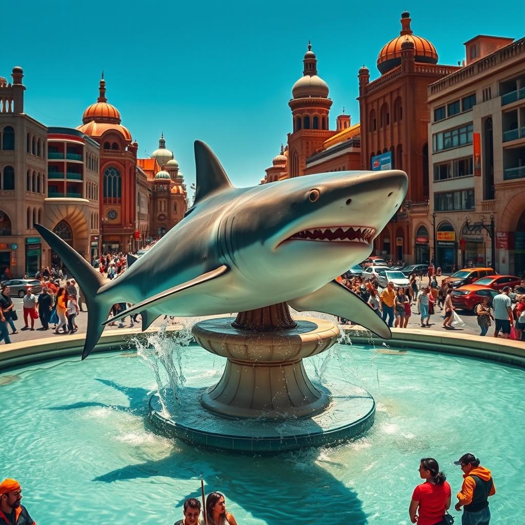 A massive shark swimming gracefully through the bustling streets of Tehran, showcasing the city's unique architecture in the background
