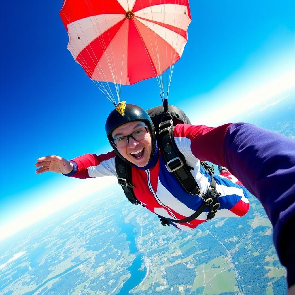 A spectacular skydiver in an intricate parachute suit featuring the bold design and colors of the Cuban flag, plunging through a brilliant azure sky