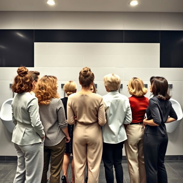 A group of mature women standing confidently in front of a wall of urinals, their backs turned towards the viewer
