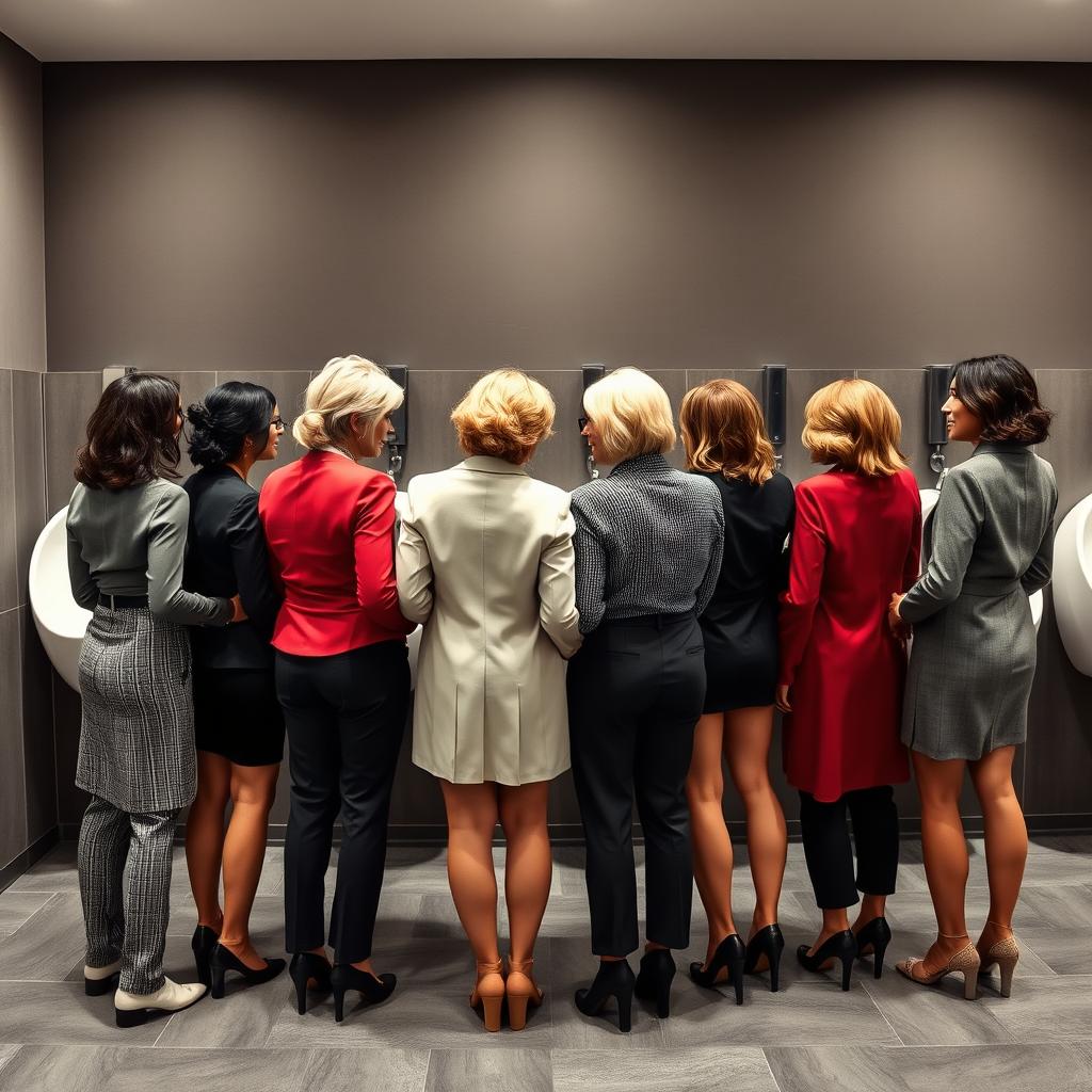 A group of mature women standing confidently in front of a wall of urinals, their backs turned towards the viewer