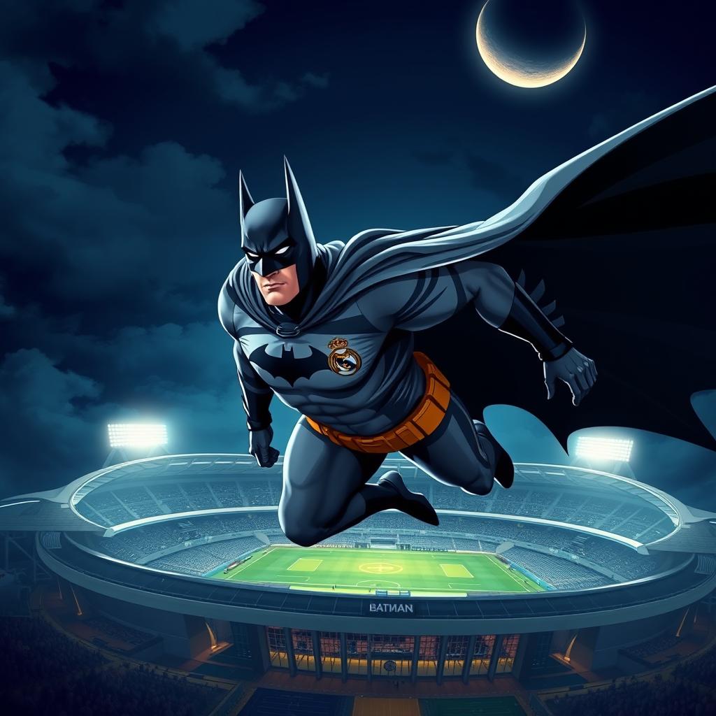 A creative illustration of Batman wearing a Real Madrid jersey, soaring through the night sky over the Santiago Bernabéu Stadium, cape flowing dramatically behind him