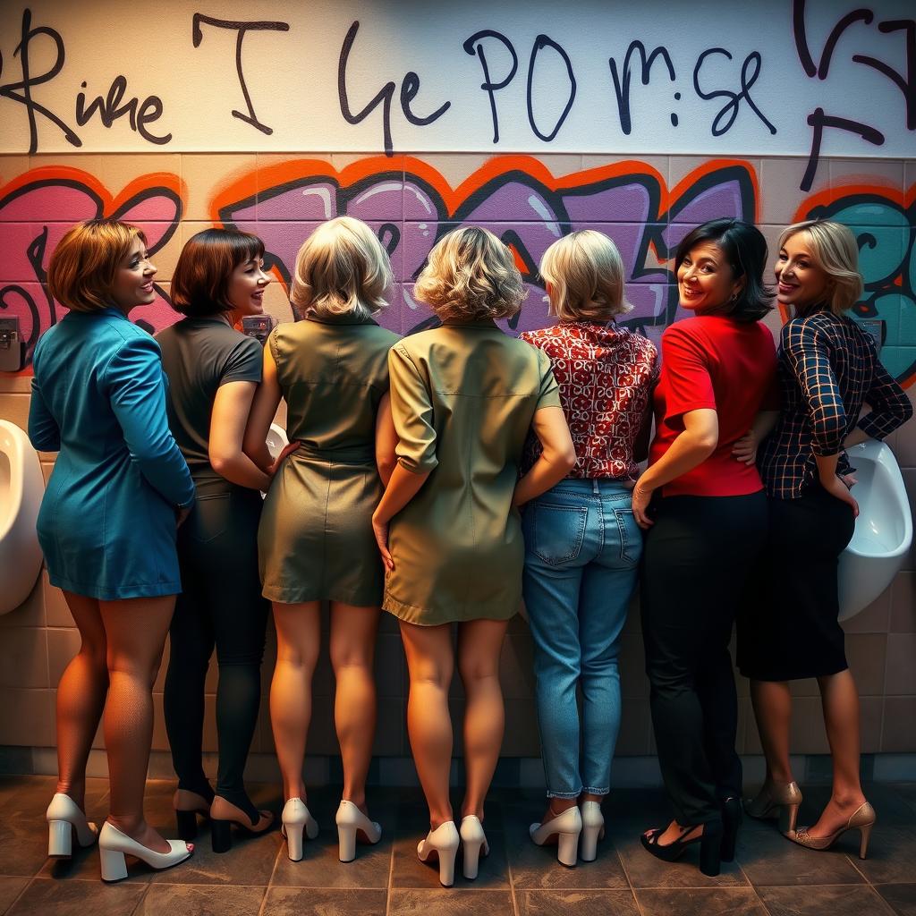 A group of mature women standing confidently in front of a wall of urinals, their backs turned to the viewer, showcasing their stylish outfits