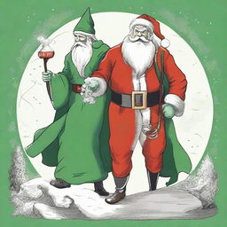 A reinterpretation of 'Saturn Devouring His Son', where Saturn is replaced with Santa Claus in his traditional red suit and white beard, and the son is replaced by a panicked elf in green and red attire.