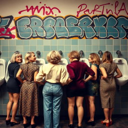 A group of mature women standing confidently in front of a wall of urinals, their backs turned to the viewer, showcasing their stylish outfits