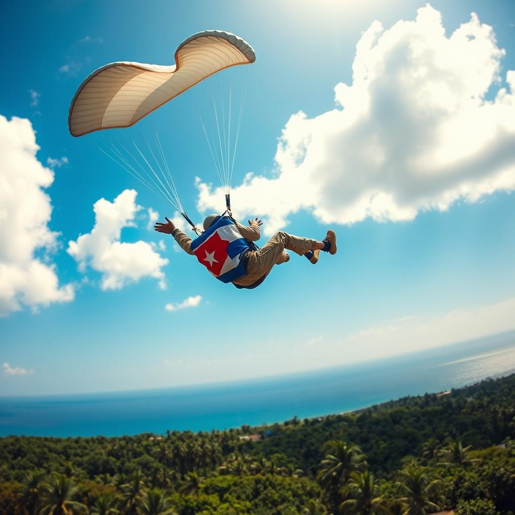 A Cuban paratrooper in mid-air, elegantly descending through a bright blue sky with fluffy white clouds
