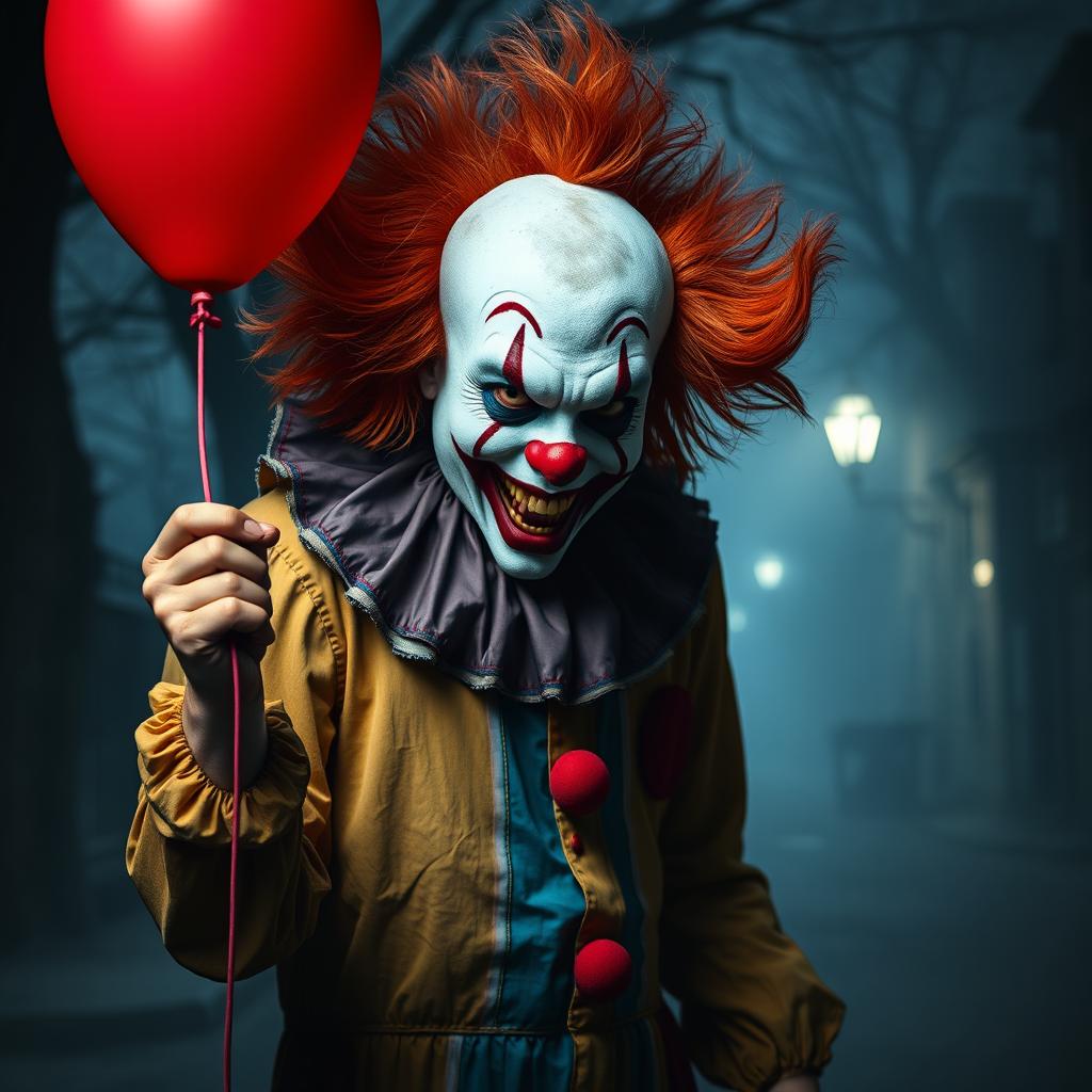 A terrifying clown inspired by the horror genre, dressed in a colorful, tattered clown suit featuring vibrant reds, blues, and yellows