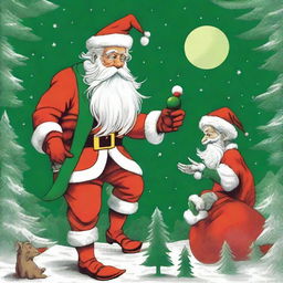 A reinterpretation of 'Saturn Devouring His Son', where Saturn is replaced with Santa Claus in his traditional red suit and white beard, and the son is replaced by a panicked elf in green and red attire.