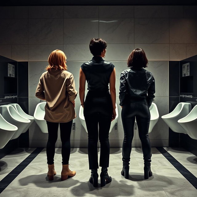 A striking image of mature women standing confidently in front of a wall of trough urinals, their backs facing the viewer