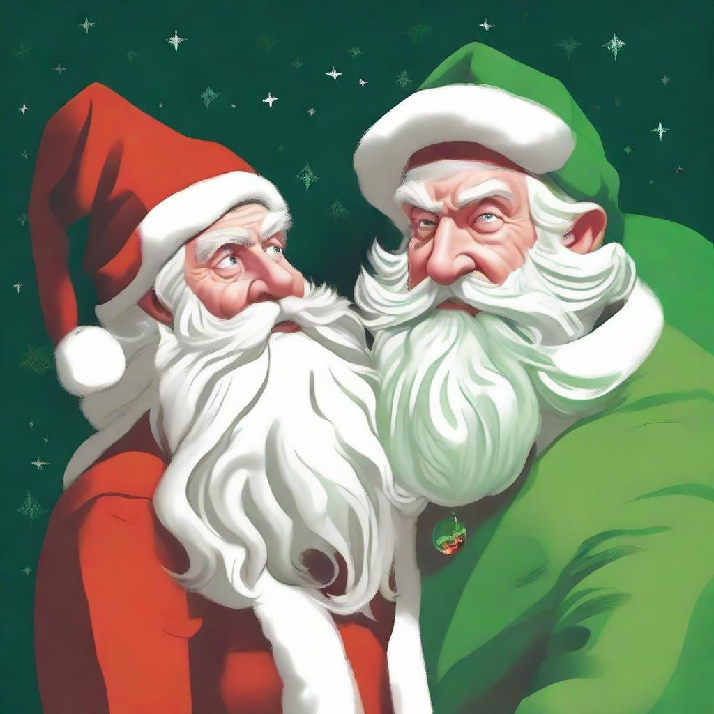 A reinterpretation of 'Saturn Devouring His Son', where Saturn is replaced with Santa Claus in his traditional red suit and white beard, and the son is replaced by a panicked elf in green and red attire.