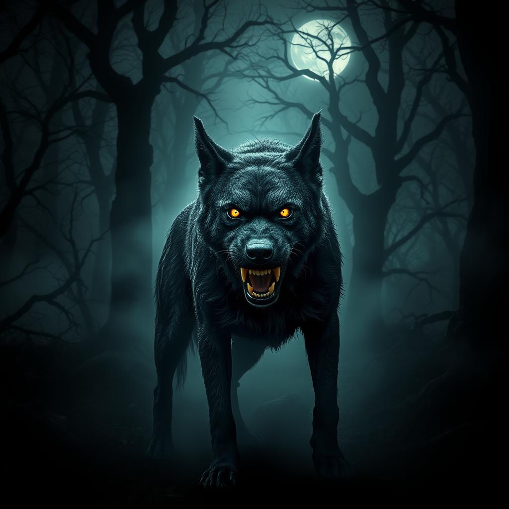A fierce, intimidating dog standing in a dark, eerie forest