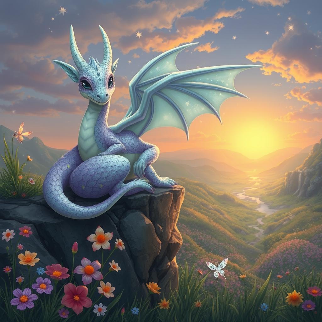 A mystical scene featuring a magical creature named Petren, resembling a large, gentle dragon with shimmering pastel scales in shades of lavender and mint green