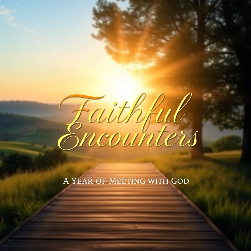 A serene and uplifting cover design for a faith devotional titled "Faithful Encounters: A Year of Meeting with God"