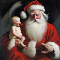 A reinterpretation of 'Saturn Devouring His Son', where Saturn is replaced with Santa Claus in his traditional red suit and white beard and he is in the classic pose of the painting.