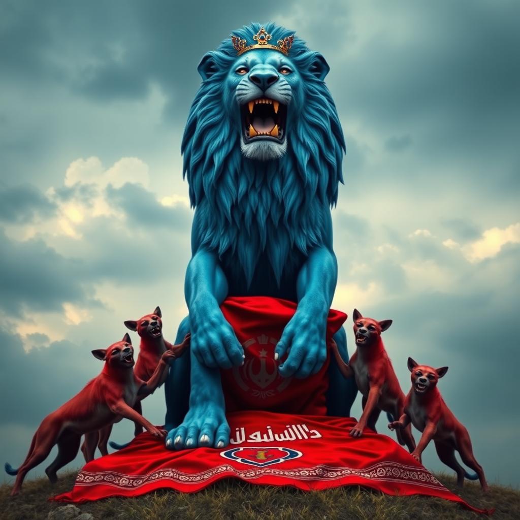 A striking scene featuring a majestic blue lion standing tall and regal despite being surrounded by small red hyenas attacking him