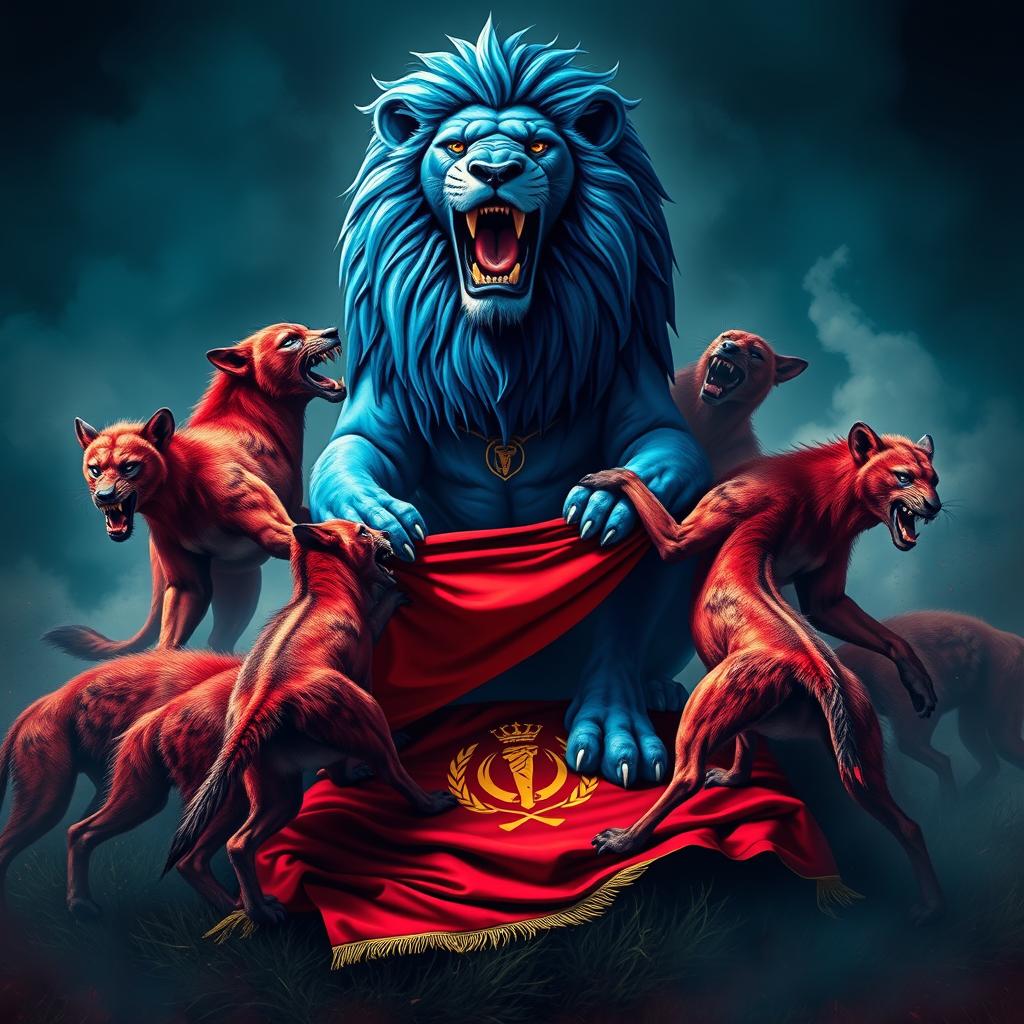 A dramatic scene where a small group of red hyenas fiercely attacks a majestic blue lion, surrounding him as they inflict wounds