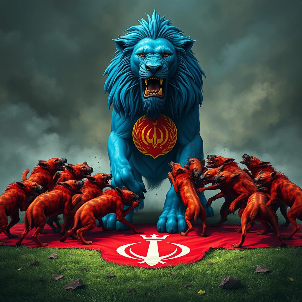 A dramatic scene depicting a group of small red hyenas attacking a majestic blue lion