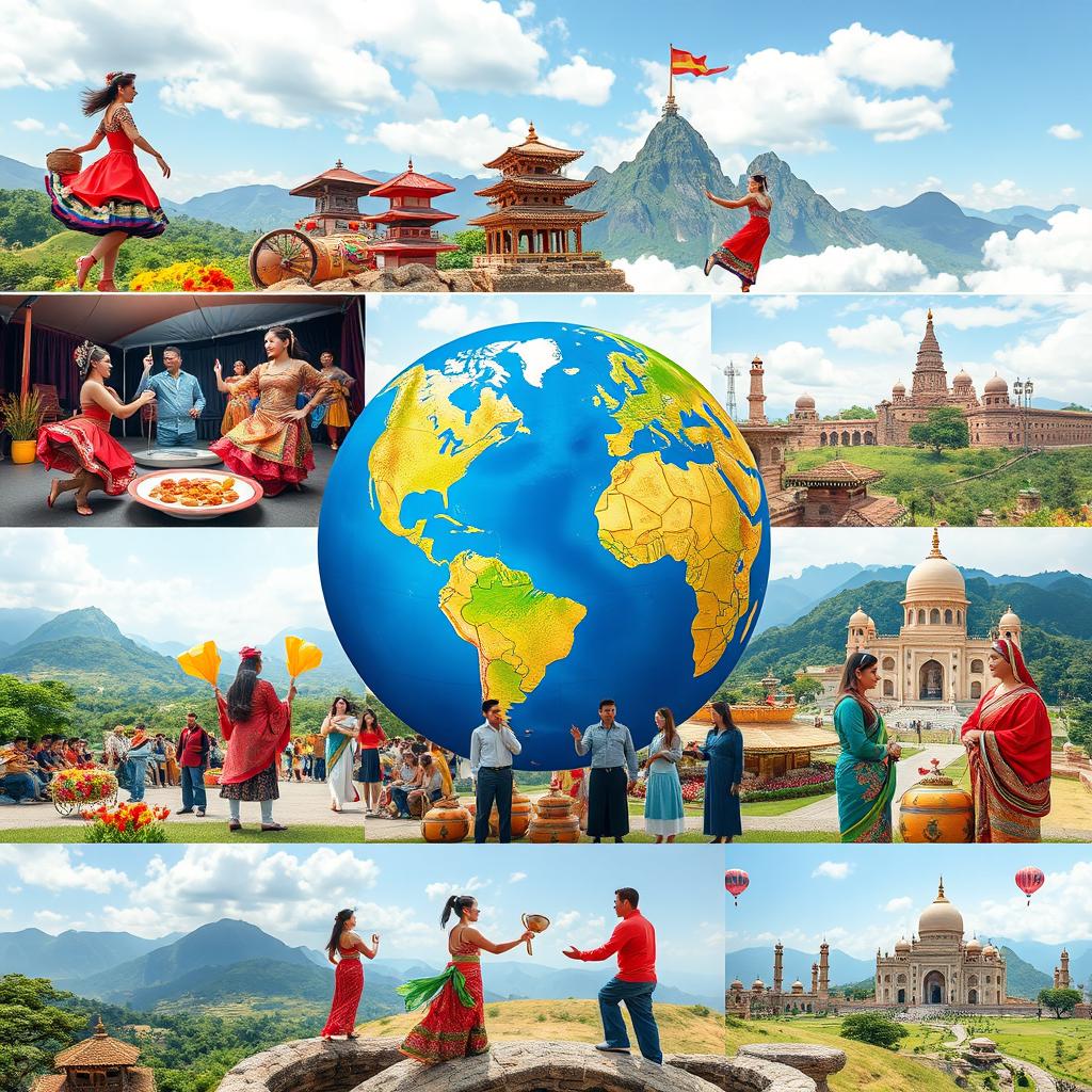 A vibrant video showcasing various aspects of world cultures, featuring traditional dances, colorful festivals, unique cuisines being prepared, and iconic landmarks from around the globe