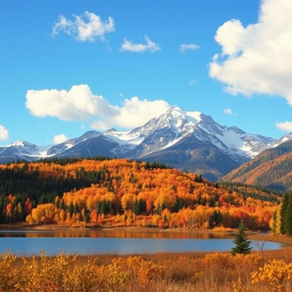 A majestic mountain landscape during autumn, featuring vibrant foliage in shades of orange, red, and yellow