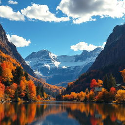A majestic mountain landscape during autumn, featuring vibrant foliage in shades of orange, red, and yellow